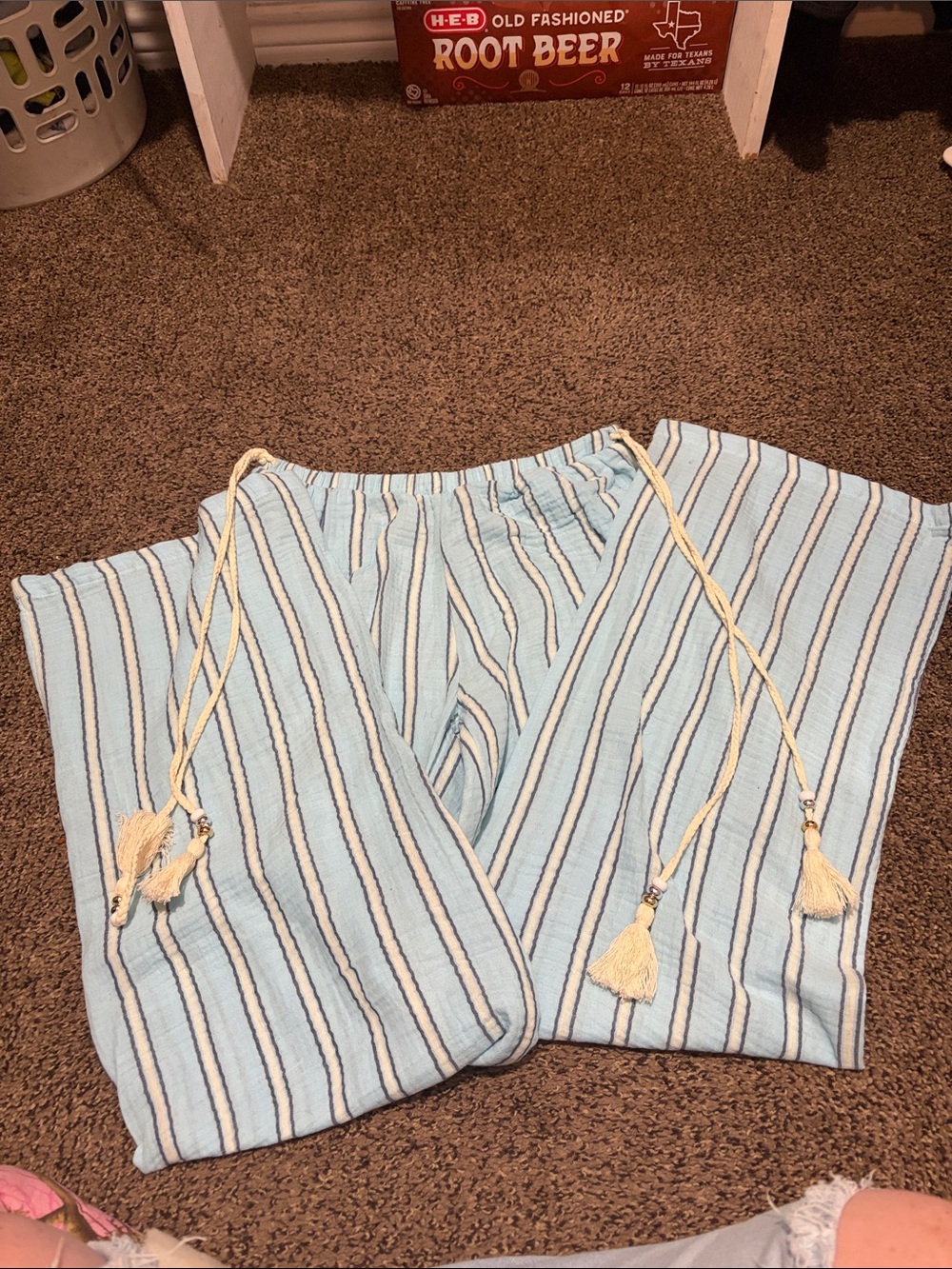 No Boundaries Light Blue and White Striped Swim Coverup with Tassels